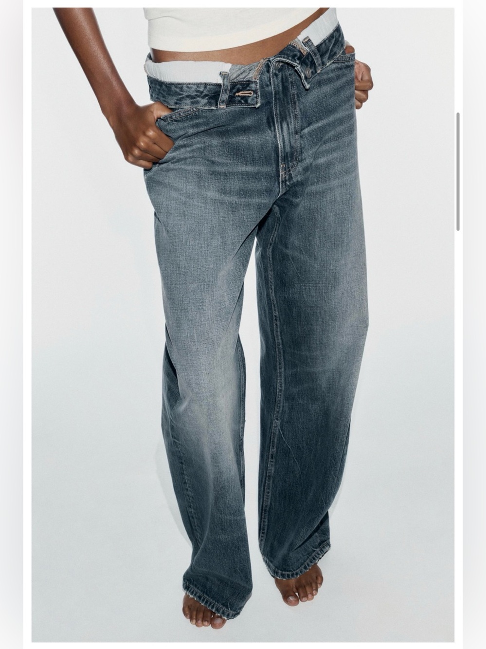 Zara Women's Boyfriend Wide-Leg Washed Blue Jeans - Picture 5 of 6